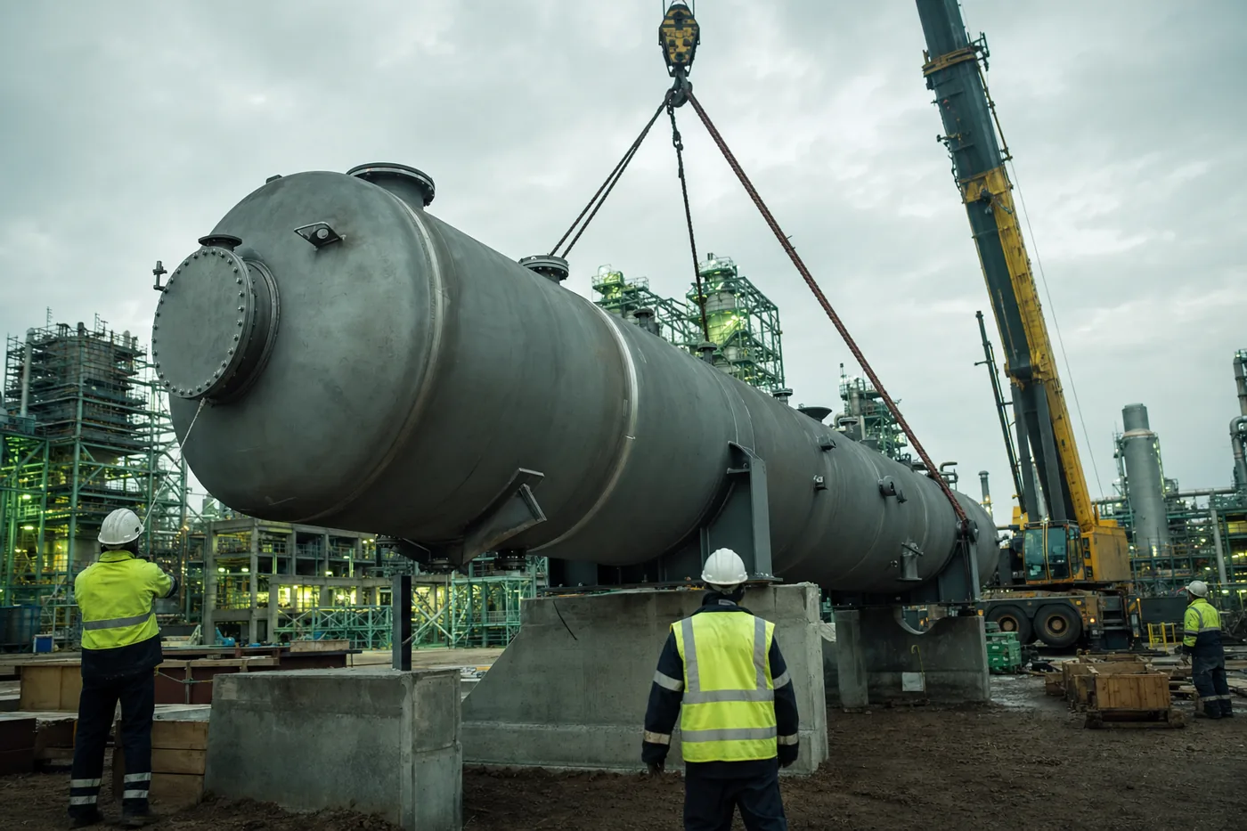 Large industrial vessel being set at a plant